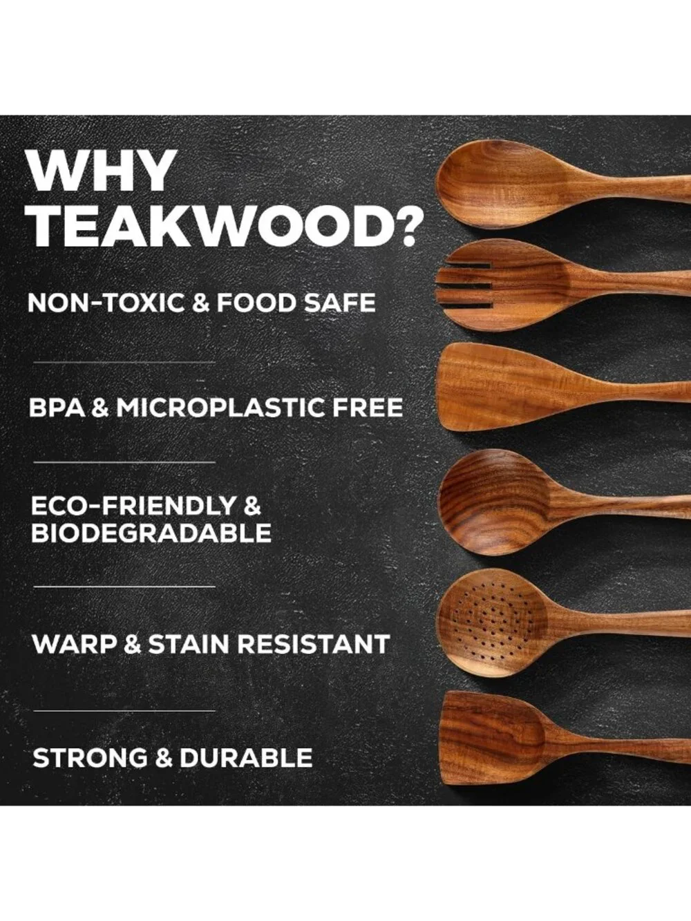 Natural Teak Wooden Cooking Utensil Set - 6 Durable Spoons, Easy to Clean